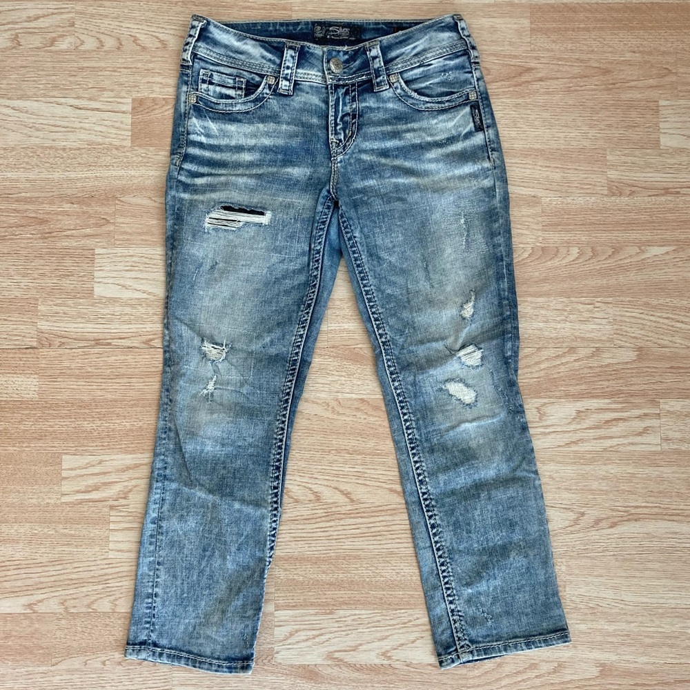 Silver Jeans Acid Wash Destroyed Suki Mid Capri Crop 27 x 22 1/2